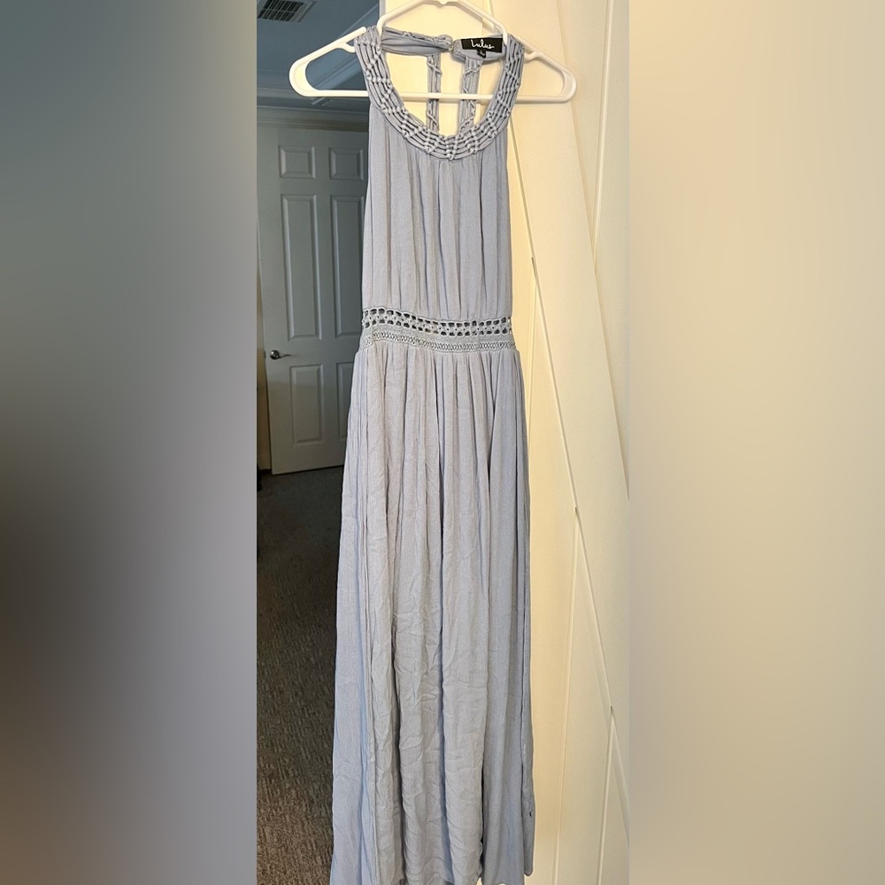 Worn once for a wedding ! Baby blue halter top with cross cross crochet back